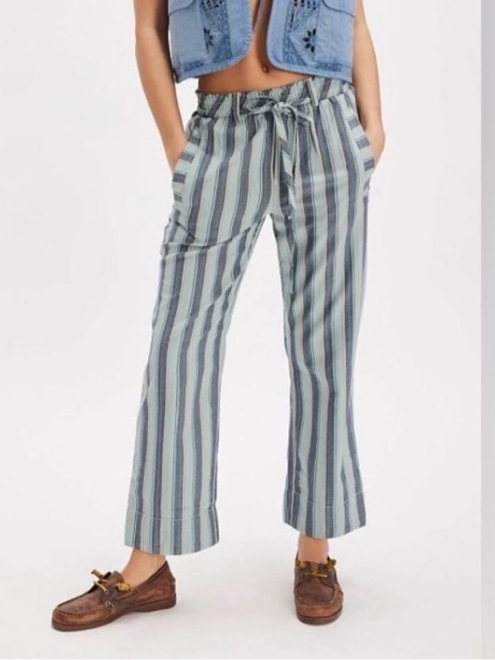 Free People Marielle Pull on Pant Striped Tie-Waist Wide Leg Pants - Blue/orange